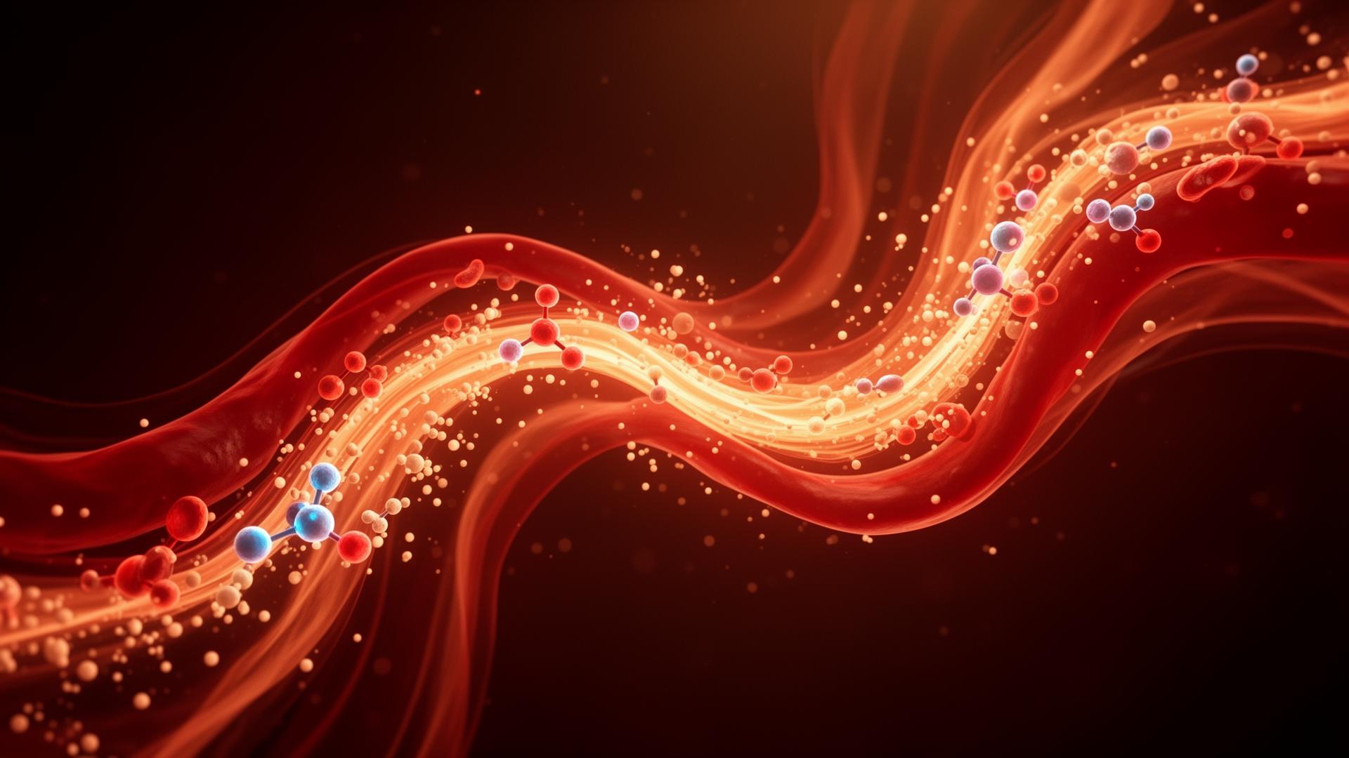 Glowing visualization of healthy blood flow and nitric oxide molecules